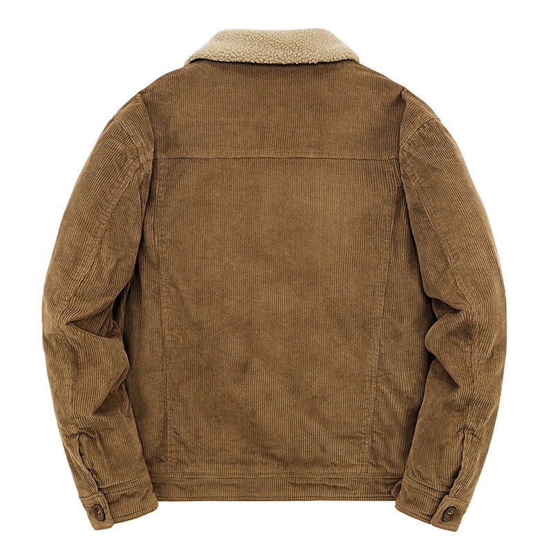 Back view of a Thick Ribbed Velvet Jacket with Warm Lining in a stylish brown color