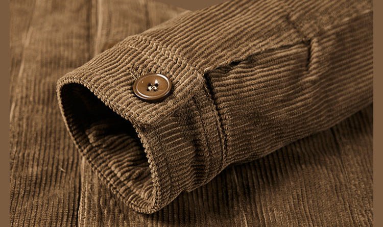 Close-up of AM Vision RO Thick Ribbed Velvet Jacket with Warm Lining showing detailed button and fabric texture