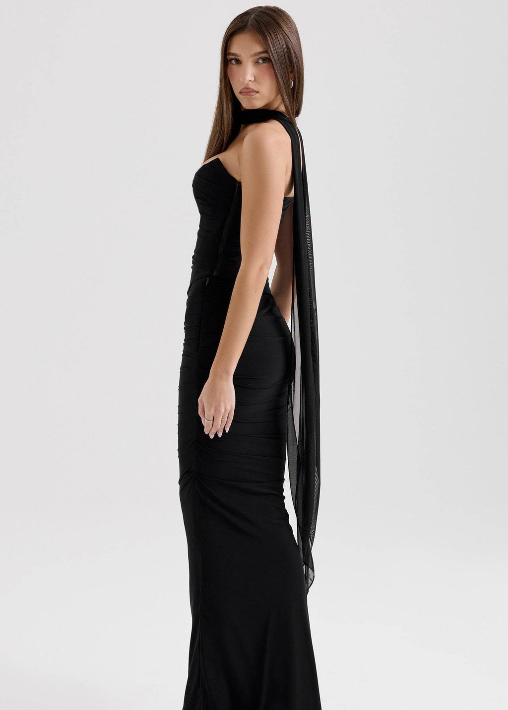 Elegant black Three-Piece Mermaid Style Dress featuring a fitted silhouette and flowing train