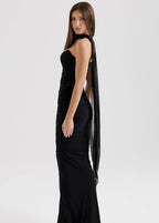 Elegant black Three-Piece Mermaid Style Dress featuring a fitted silhouette and flowing train