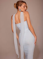 Elegant Three-Piece Mermaid Style Dress in light blue with flowing ribbons for a stunning look