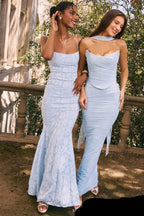 Two women wearing AM Vision RO Three-Piece Mermaid Style Dress in light blue for elegant occasions