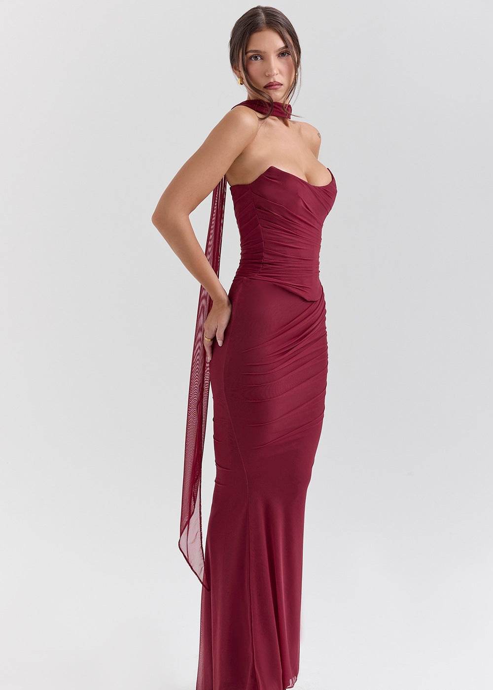 Elegant Three-Piece Mermaid Style Dress in Burgundy with Strapless Design and Flowing Skirt