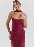 Elegant burgundy Three-Piece Mermaid Style Dress with a draped design and a stylish neck scarf