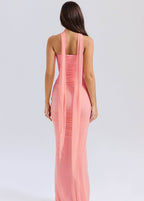 Back view of a pink Three-Piece Mermaid Style Dress featuring elegant flowing straps