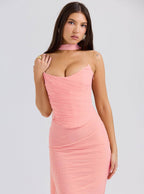 Elegant Three-Piece Mermaid Style Dress in Pink with Flattering Ruched Details and Choker