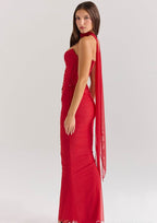Elegant red Three-Piece Mermaid Style Dress with a flattering silhouette and flowing back details
