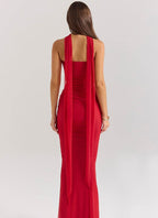 Elegant back view of a Three-Piece Mermaid Style Dress in red, showcasing its flattering silhouette and unique design