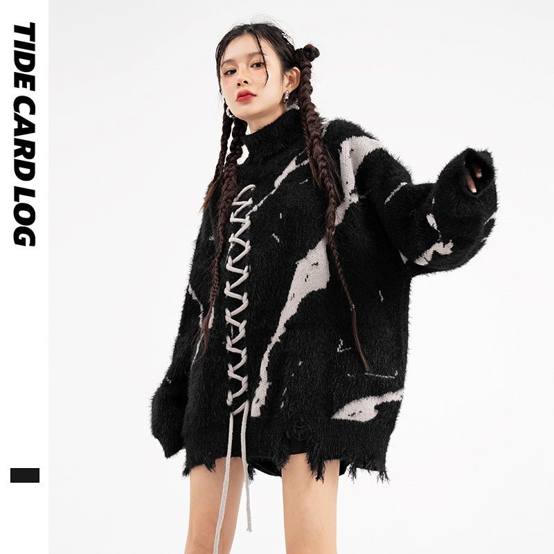 Oversized Sweater With Dark Street Design And Distressed Details, featuring a relaxed fit and lace-up front.