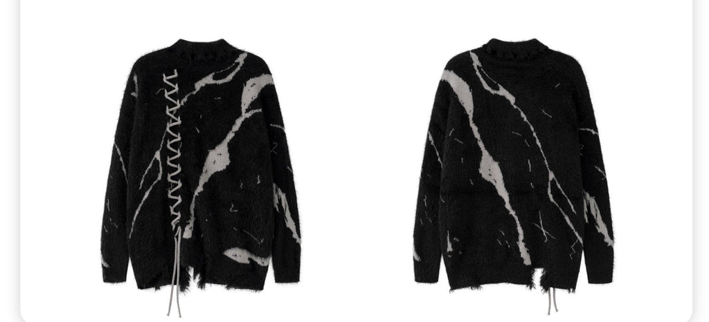 Oversized Sweater With Dark Street Design And Distressed Details featuring a unique black and white pattern