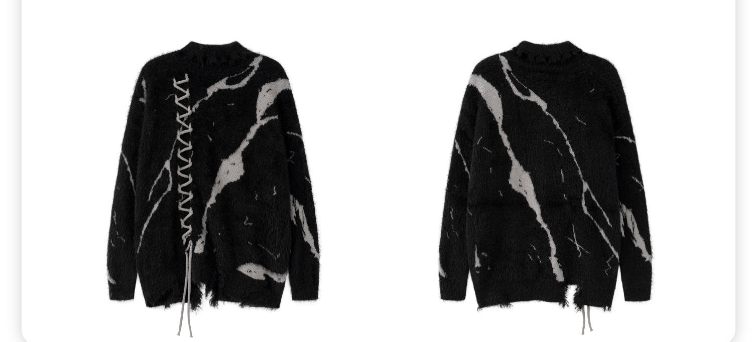 Oversized Sweater With Dark Street Design And Distressed Details featuring a unique black and white pattern