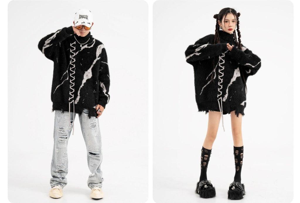 Oversized Sweater With Dark Street Design And Distressed Details for trendy urban fashion