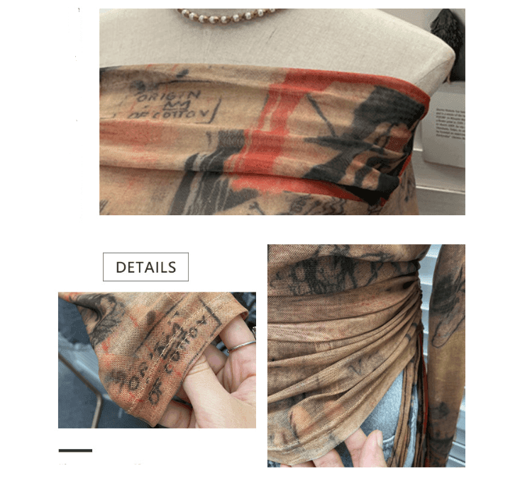 Top asimetric din material moale cu imprimeu artistic și detalii plisate la mâneci și talie