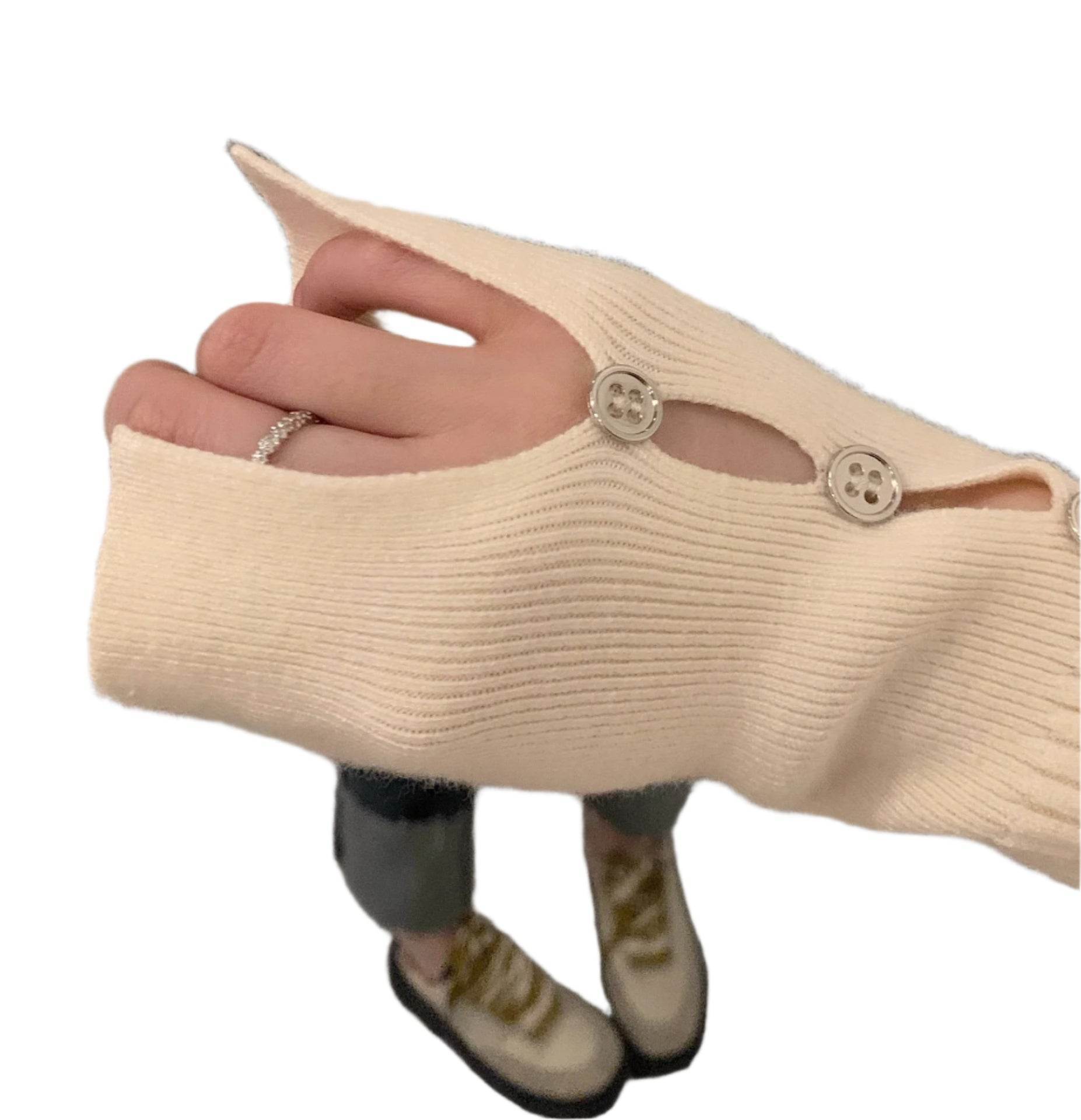 Light beige top slim-fit sweater with button details and trendy cut-out sleeves