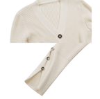 Cream knit cardigan with a V-neck and button details, featuring a top slim-fit design for a stylish look