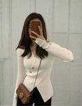 White Top Slim-Fit Ribbed Cardigan with Button Detail for Stylish Outfits