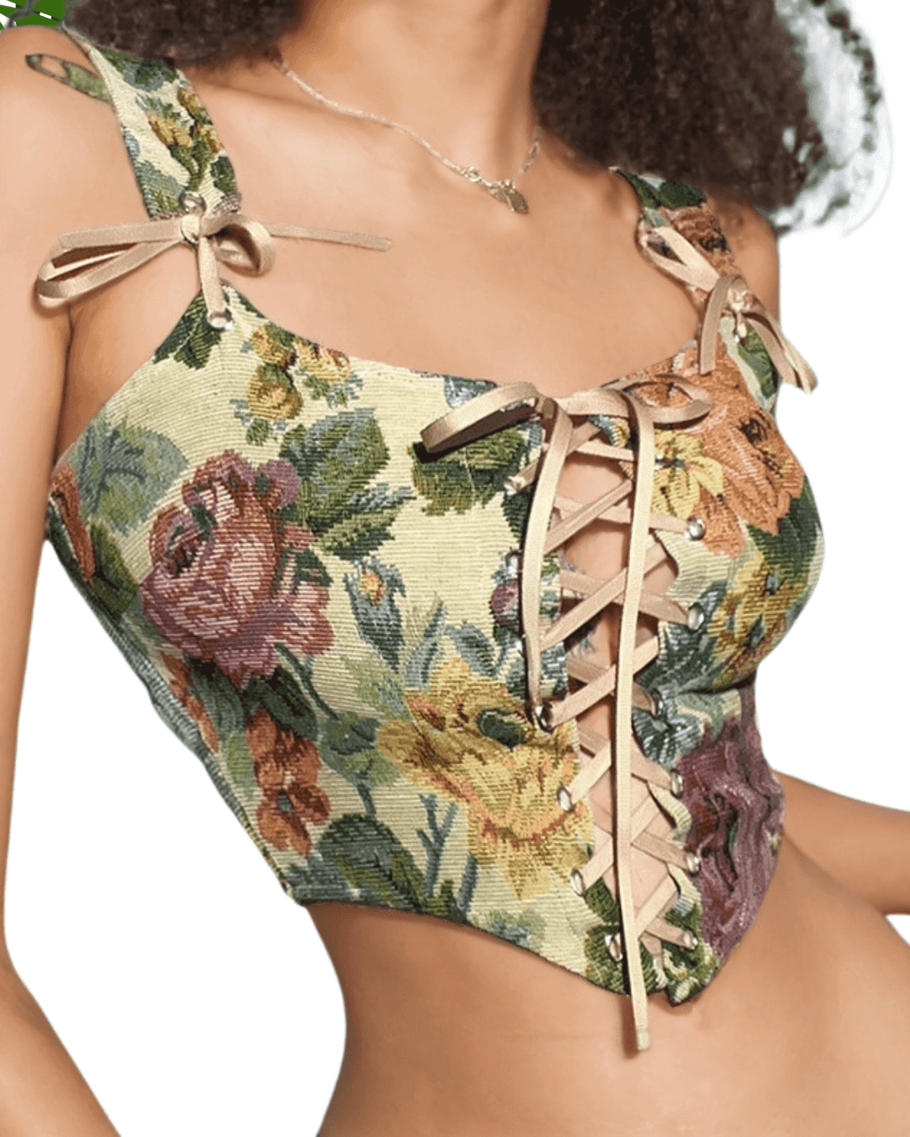 Top Vintage floral cu imprimeu floral colorat și șireturi decorative pe partea din față