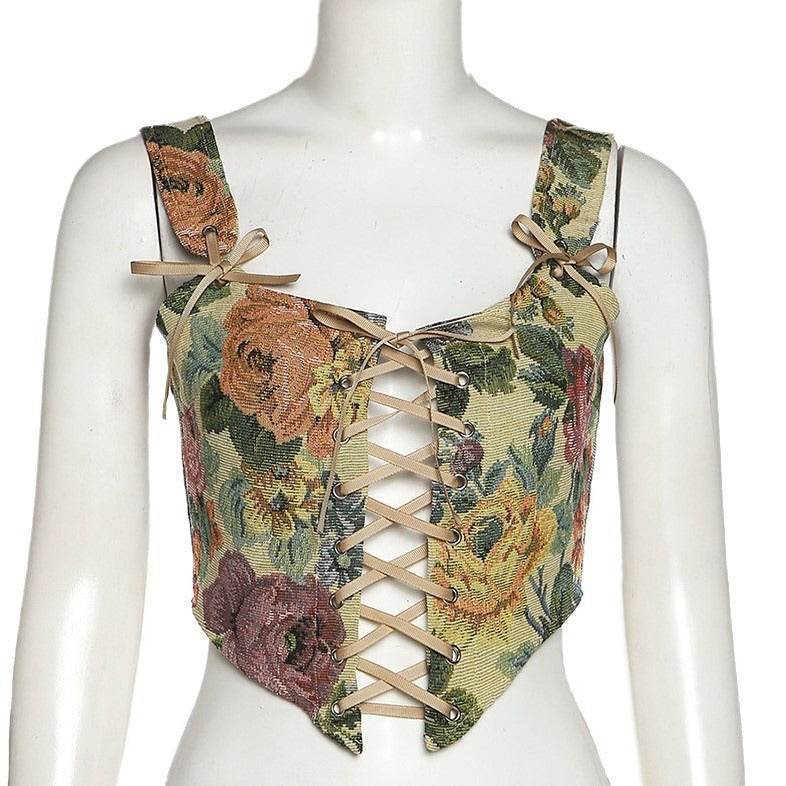 Top Vintage floral cu model floral colorat și șireturi cruzate în față pe bust manechin