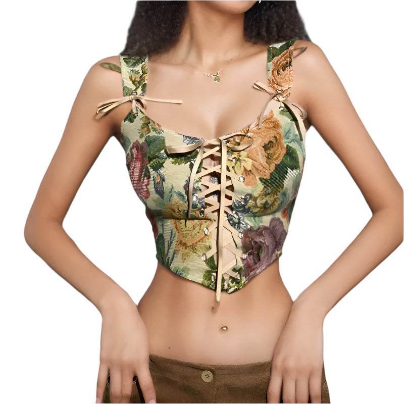 Top Vintage floral cu model floral colorat și șireturi decorative pe piept pentru femei