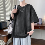 Tricou cu detalii minimaliste negru pentru bărbați, croială lejeră și mâneci scurte, stil casual