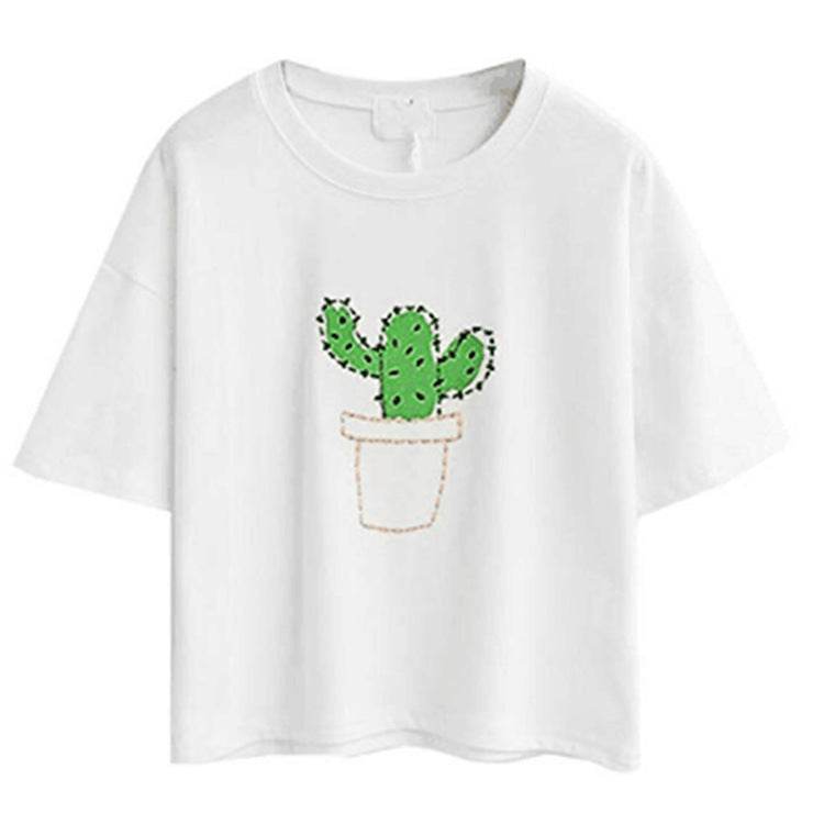 Tricou cu imprimeu din bumbac alb cu design cactus verde în ghiveci pentru stil casual