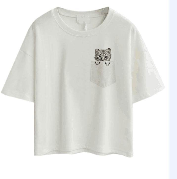 Tricou cu imprimeu din bumbac alb cu mânecă scurtă și buzunar decorat cu imprimeu pisică