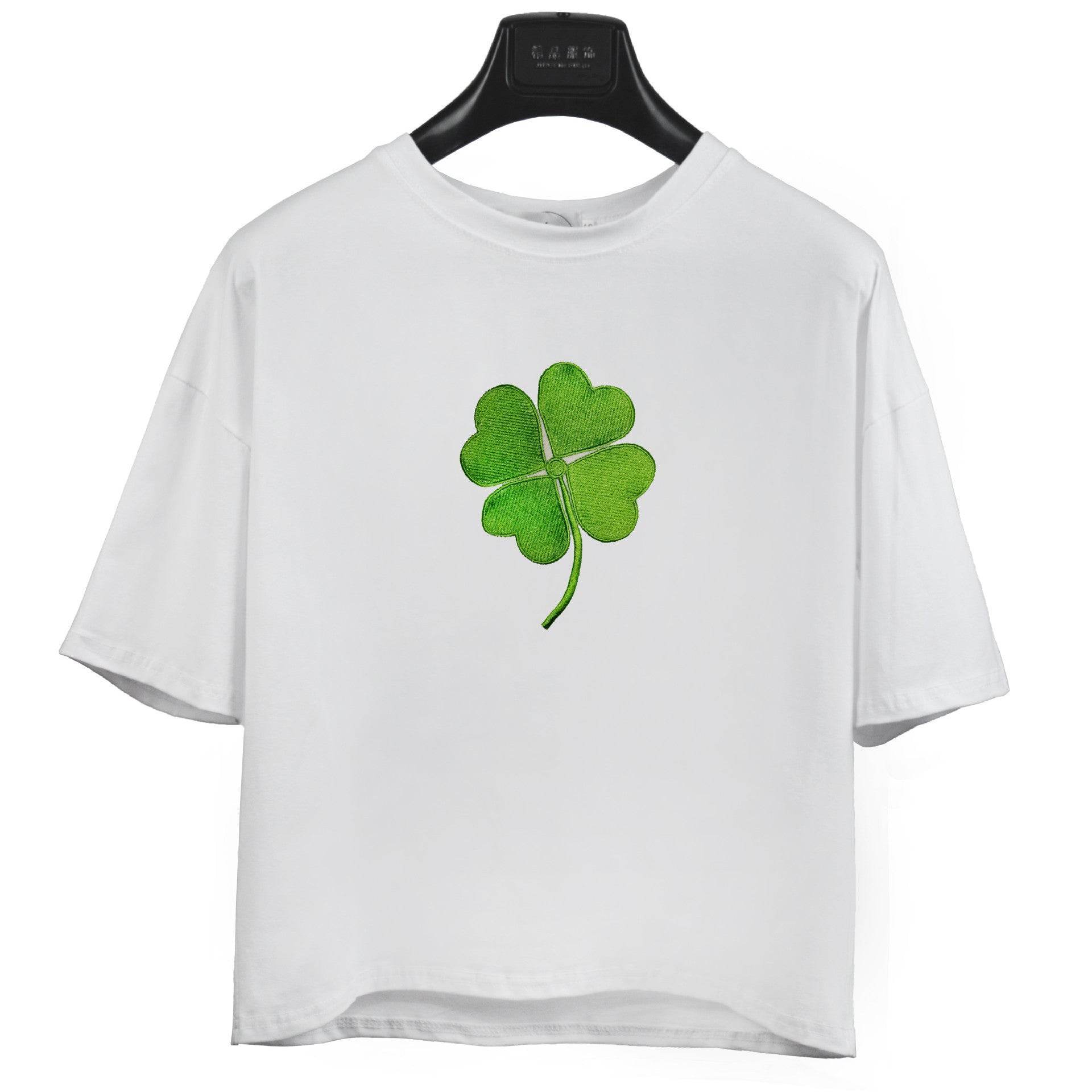 Tricou cu imprimeu din bumbac alb cu trifoi verde pe mijloc de la AM Vision RO