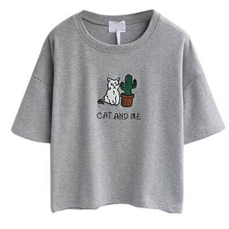 Tricou cu imprimeu din bumbac gri cu pisică și cactus brodate AM Vision RO