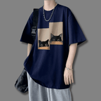 Tricou Curious cats bleumarin cu imprimeu pisici curioase, croială largă și mâneci scurte