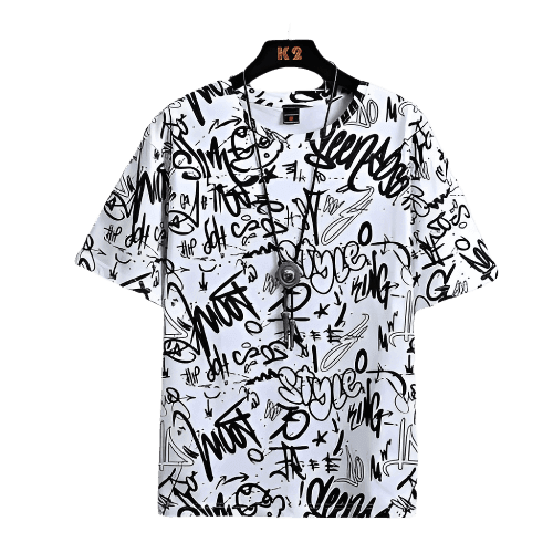 Tricou grafitti alb cu imprimeuri negre, model urban modern de la AM Vision RO