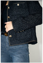 Stylish AM Vision RO Tweed Short Wool Jacket with gold buttons and textured fabric for a chic look
