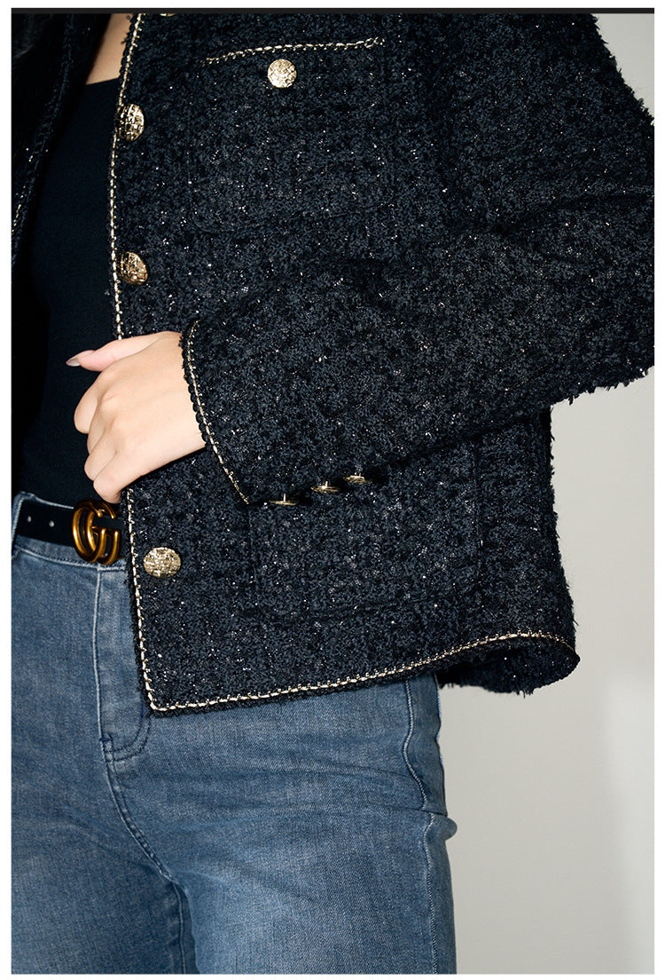 Stylish AM Vision RO Tweed Short Wool Jacket with gold buttons and textured fabric for a chic look