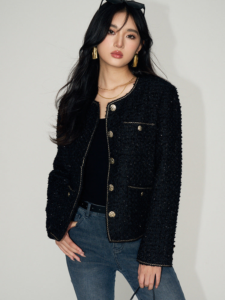 Stylish AM Vision RO Tweed Short Wool Jacket in black with button details and front pockets