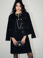 Elegant Black Tweed Short Wool Jacket with Gold Button Details and Stylish Design
