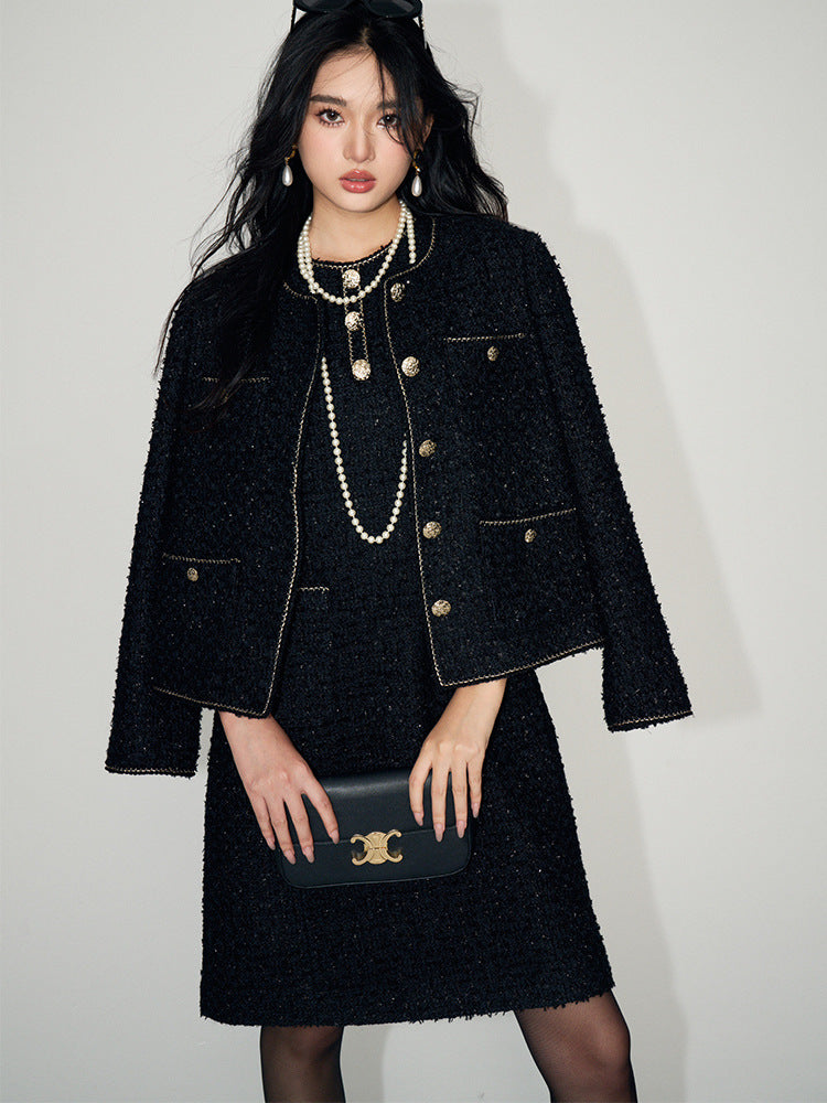 Elegant Black Tweed Short Wool Jacket with Gold Button Details and Stylish Design