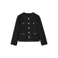 Elegant black Tweed Short Wool Jacket with gold trim and dual front pockets