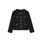 Elegant black Tweed Short Wool Jacket with gold trim and dual front pockets