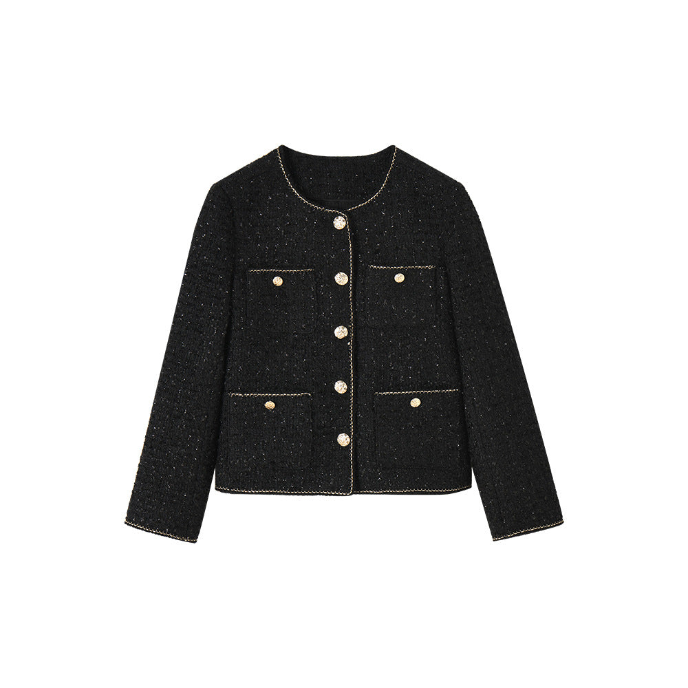 Elegant black Tweed Short Wool Jacket with gold trim and dual front pockets