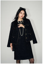 Elegant woman wearing a Tweed Short Wool Jacket paired with a stylish dress and accessories