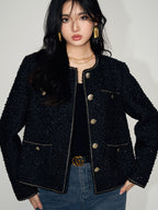 Elegant black Tweed Short Wool Jacket featuring button details and a textured finish for a classic look