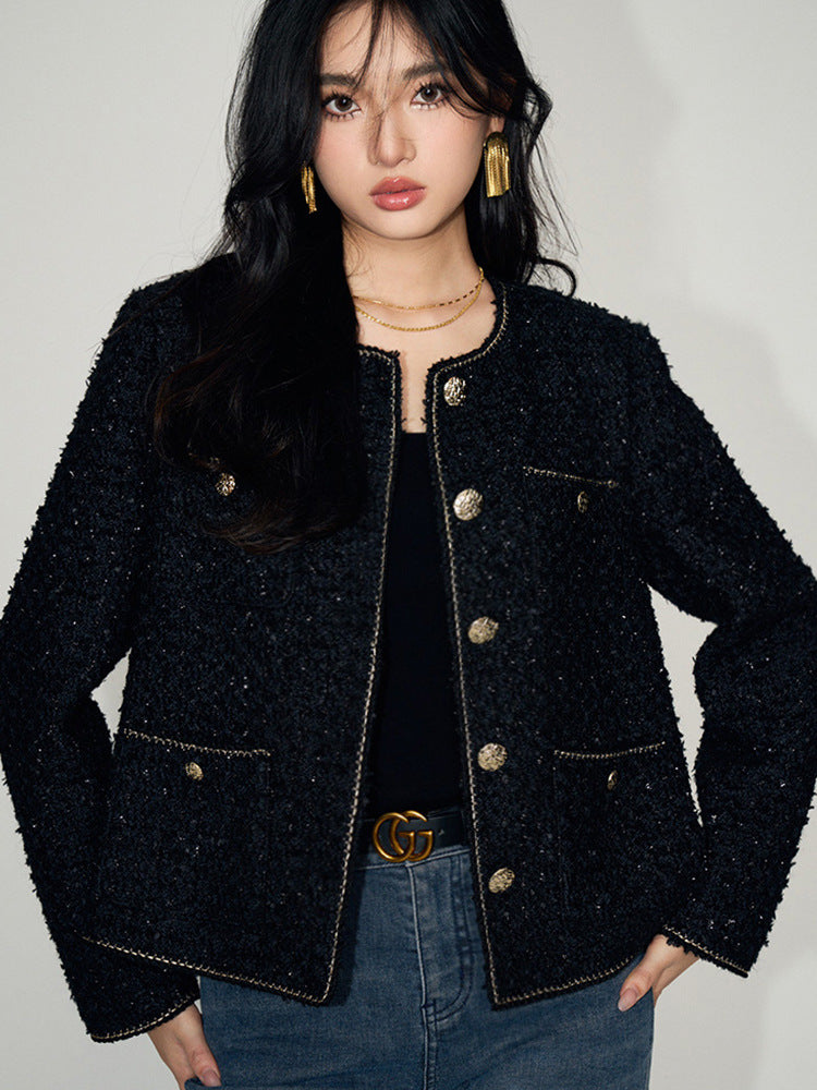 Elegant black Tweed Short Wool Jacket featuring button details and a textured finish for a classic look
