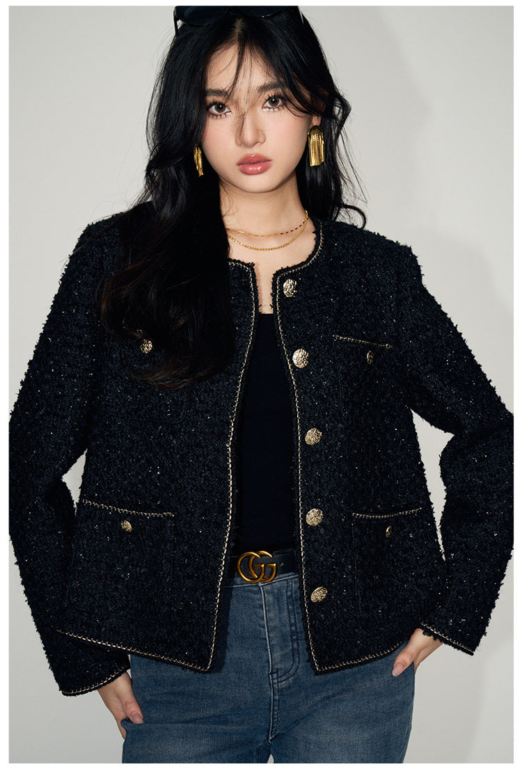 Stylish black Tweed Short Wool Jacket with gold buttons and pockets for a trendy look