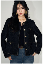 Stylish black Tweed Short Wool Jacket with gold buttons and pockets for a trendy look