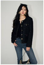 Elegant black AM Vision RO Tweed Short Wool Jacket with gold buttons for a chic look