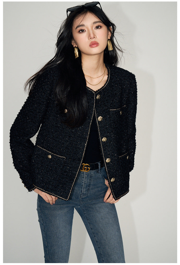 Chic black Tweed Short Wool Jacket with gold buttons and front pockets, perfect for stylish outfits