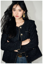 Stylish AM Vision RO Tweed Short Wool Jacket in black with gold buttons and a textured finish