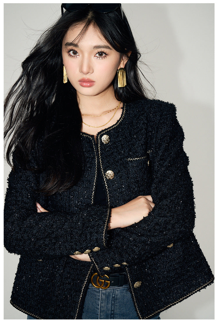 Stylish AM Vision RO Tweed Short Wool Jacket in black with gold buttons and a textured finish