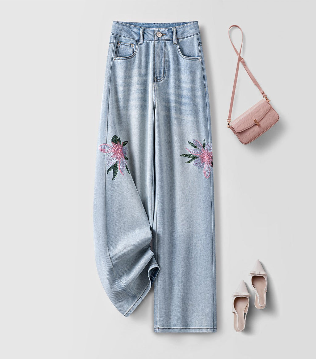 Twin Blossom Wide Leg Jeans with Floral Embroidery Design and Stylish Accessories