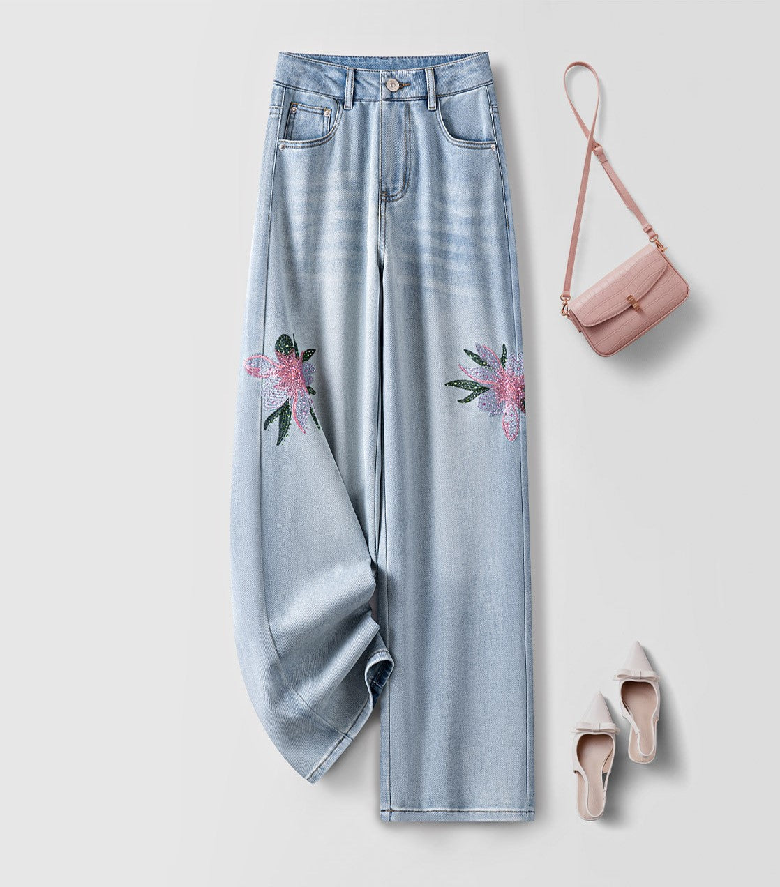 Twin Blossom Wide Leg Jeans with Floral Embroidery Design and Stylish Accessories