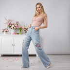 Twin Blossom Wide Leg Jeans featuring floral embroidery and a relaxed fit for a stylish look
